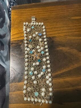 Gold-Tone Pearl & Aqua Charm Wide Bracelet